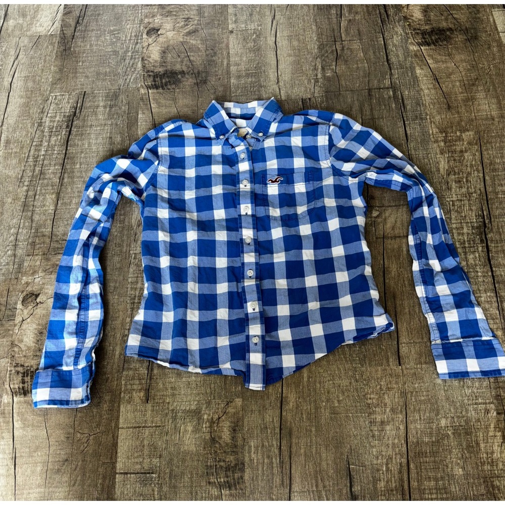 Vintag Y2K‎ Hollister Womens XS Blue White Gingham Plaid Button Down Long Sleeve